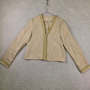 Level Eight Tan Tweed Open Front Jacket Gold Chain Trim Professional Tan Cream